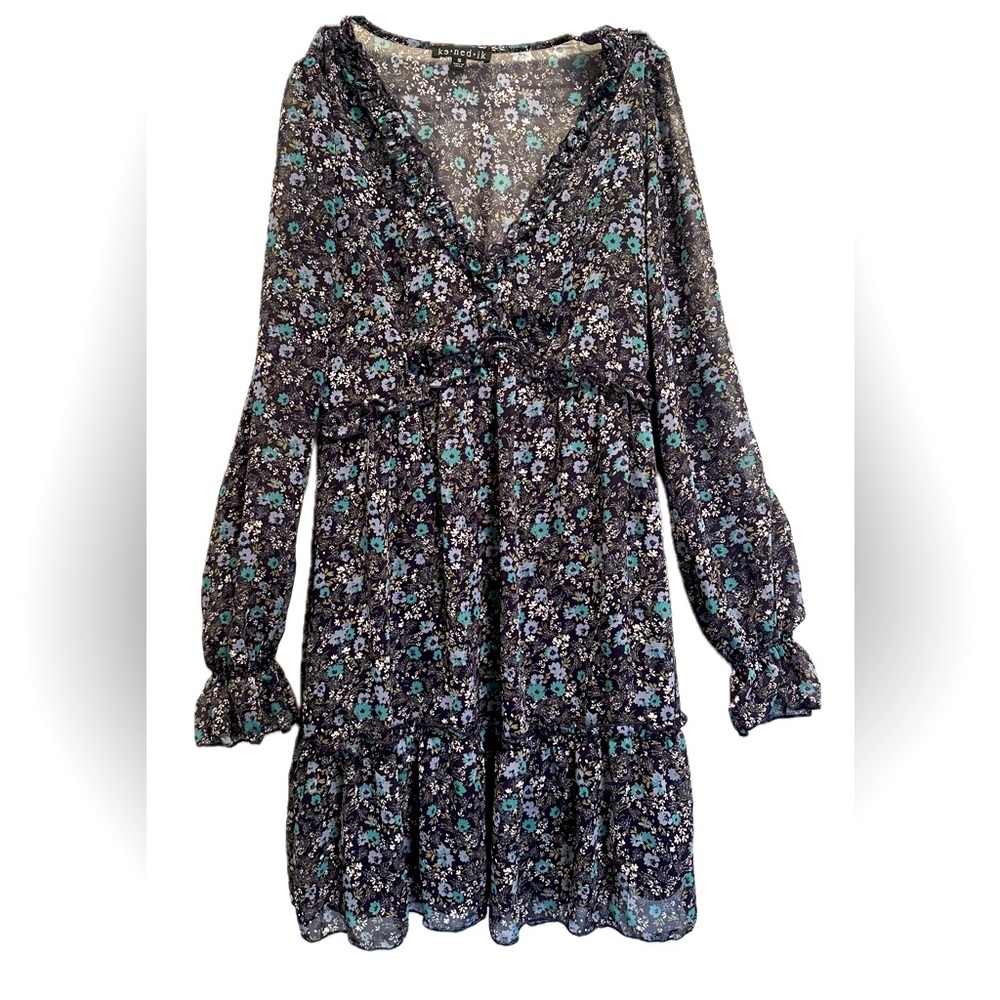 Nordstrom Brand Kenedik Blue Floral Tiered Dress with ruffle sleeves -worn once!